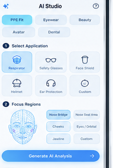 TESSORIN AI Studio concept with PPE application selection and face region controls