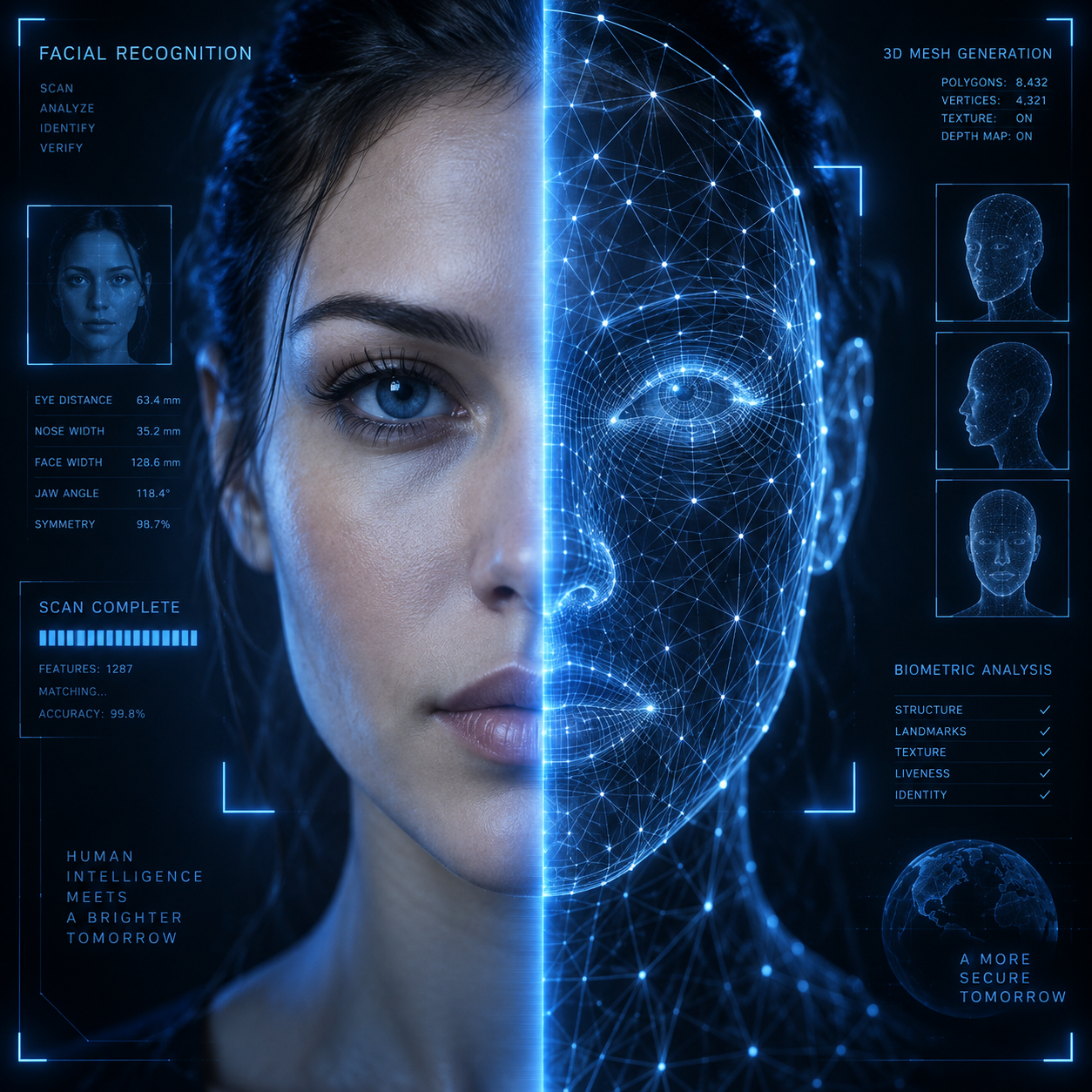 Blue facial mesh concept artwork combining a portrait with digital facial contours