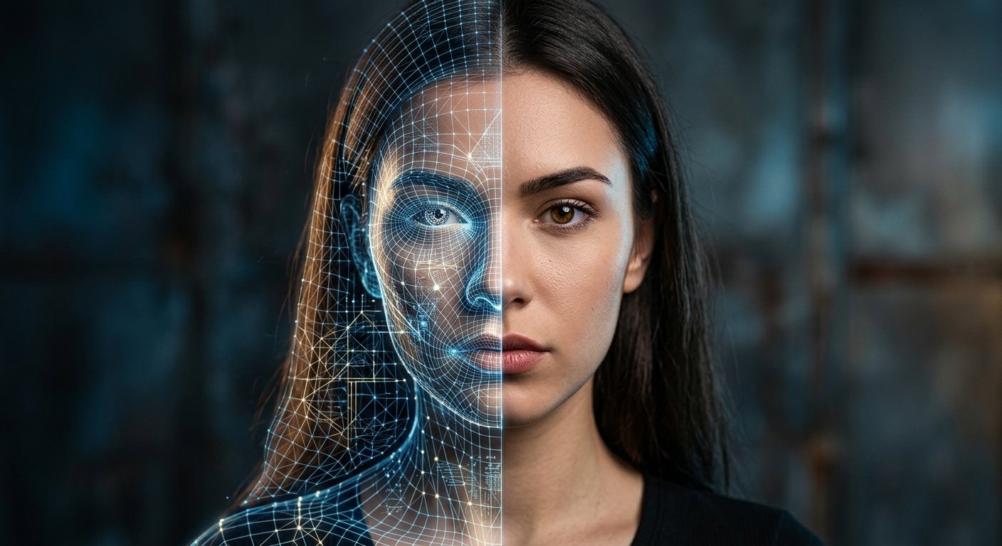 Portrait transitioning from a human face to a luminous digital wireframe