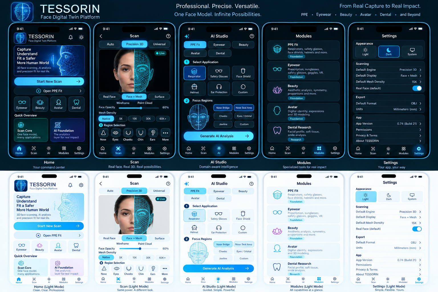 TESSORIN design overview showing Home, Scan, AI Studio, Modules and Settings in dark and light themes