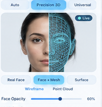 TESSORIN capture interface concept showing a portrait with a cyan mesh overlay and face opacity control
